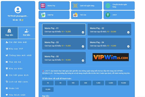Nạp tiền vipwin thông qua sử dụng ví điện tử momo Việt Nam